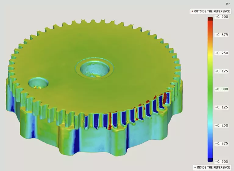 Scan-to-CAD comparison of a worn spur gear, ±0.5 mm