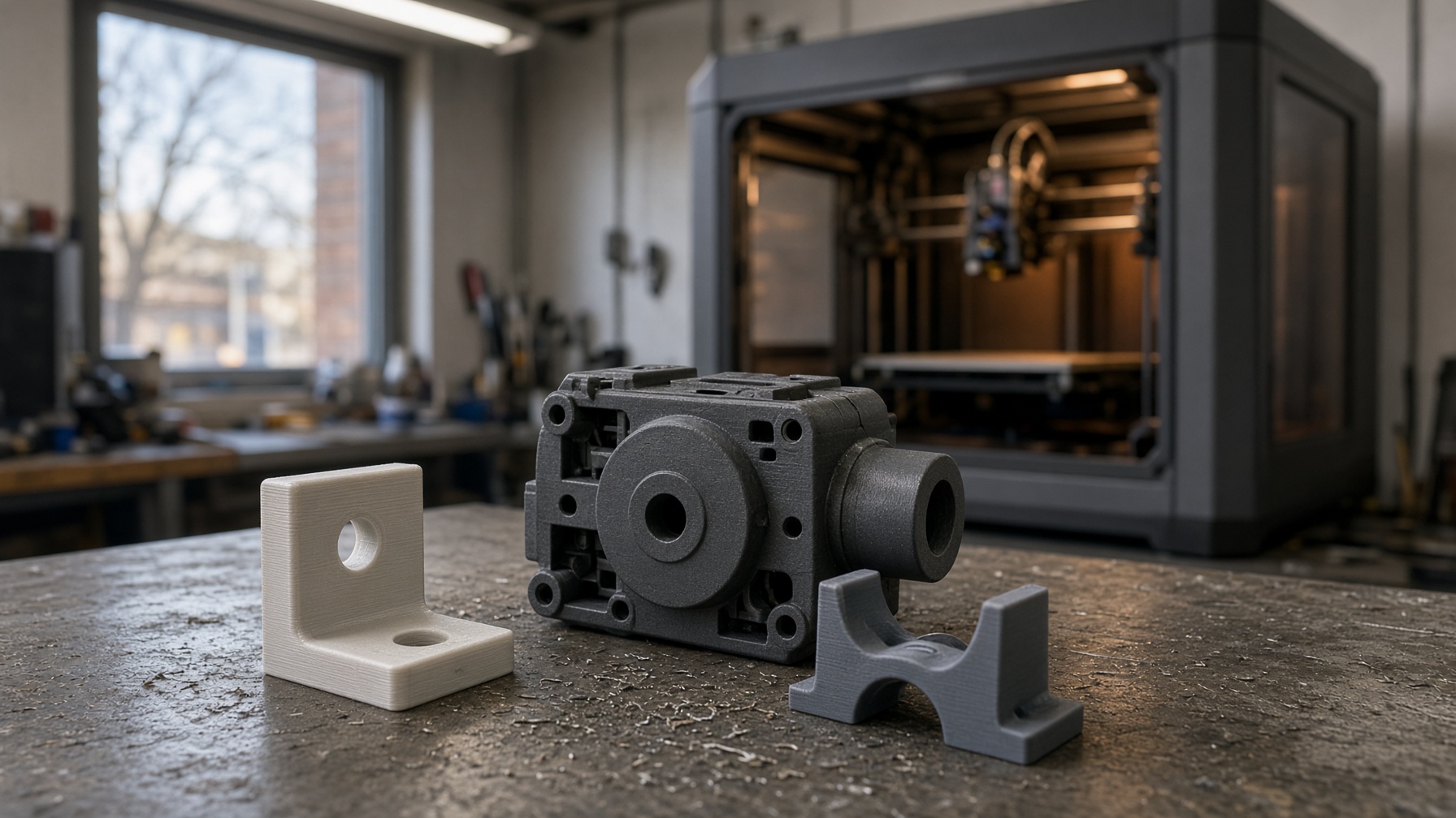 3D printed mechanical parts on the shop bench, printer in the background
